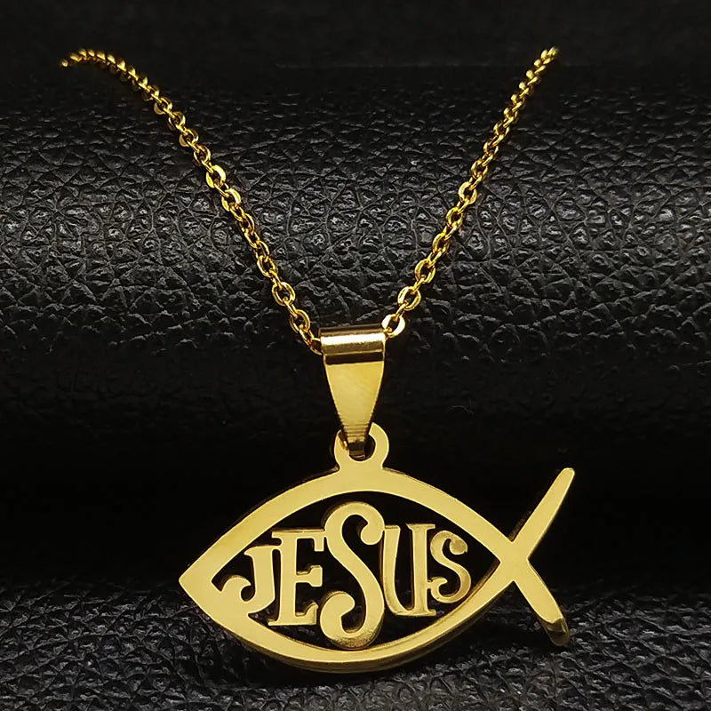 Colar com pingente de peixe Jesus Ichthys