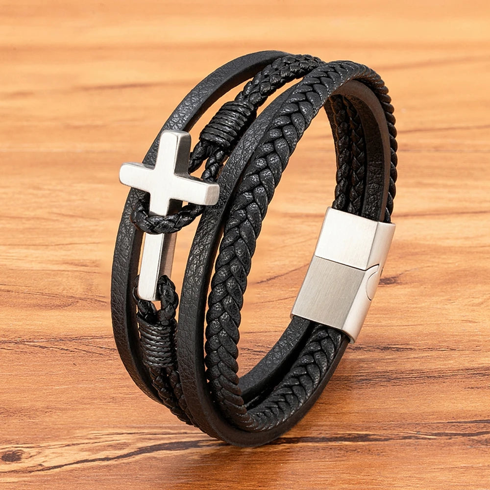 Multi-Strand Leather Cross Bracelet