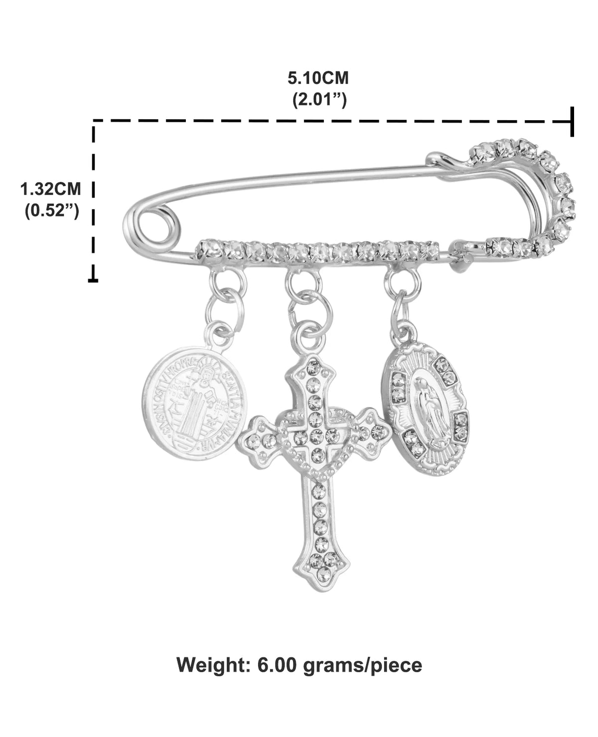 Broszka z Matką Boską i św. Benedyktem – przypinka z kryształowym krzyżem