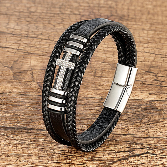 Men's Braided Leather Cross Bracelet