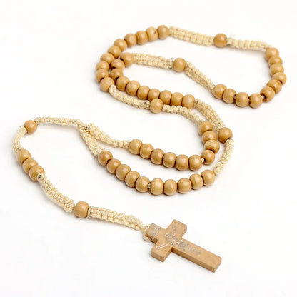 Catholic Wood Bead Cross Rosary Necklace