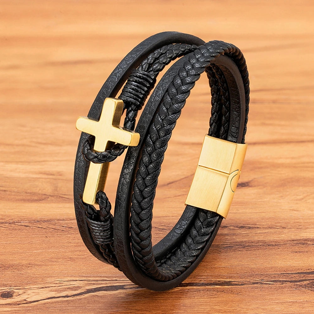 Multi-Strand Leather Cross Bracelet