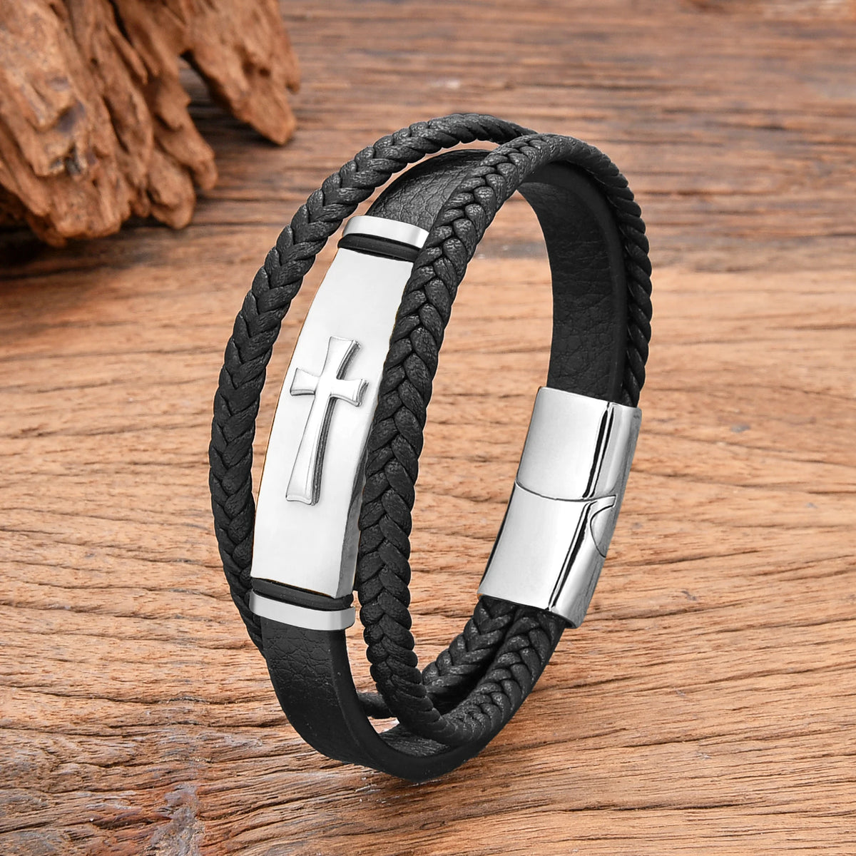 Men's Stainless Steel Cross Leather Bracelet