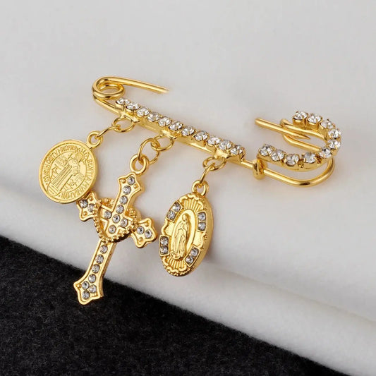 Broche da Virgem Maria e de São Bento - Alfinete de cruz com cristais