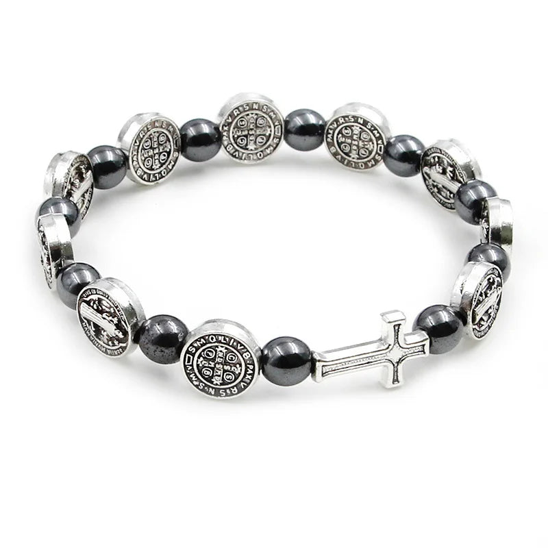 Saint Benedict Medal Bracelet with Cross and Dark Beads