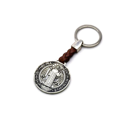 Saint Benedict Medal Keychain with Braided PU Leather Strap