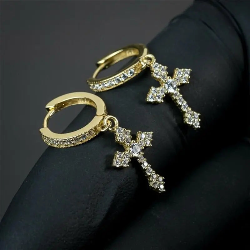 1. Klassische Ohrringe mit Kreuz und Kristall im Point-Drill-Stil, austauschbar, in edlem Weiß, für Damen und Herren, Hip-Hop-Partyschmuck, Geschenk