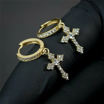 1. Klassische Ohrringe mit Kreuz und Kristall im Point-Drill-Stil, austauschbar, in edlem Weiß, für Damen und Herren, Hip-Hop-Partyschmuck, Geschenk