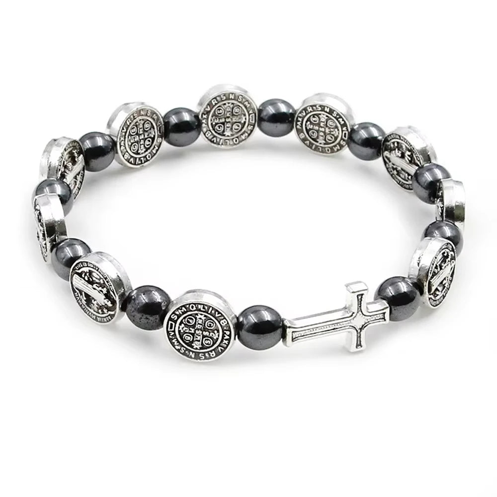 Catholic Saint Benedict Hematite Rosary Bracelet