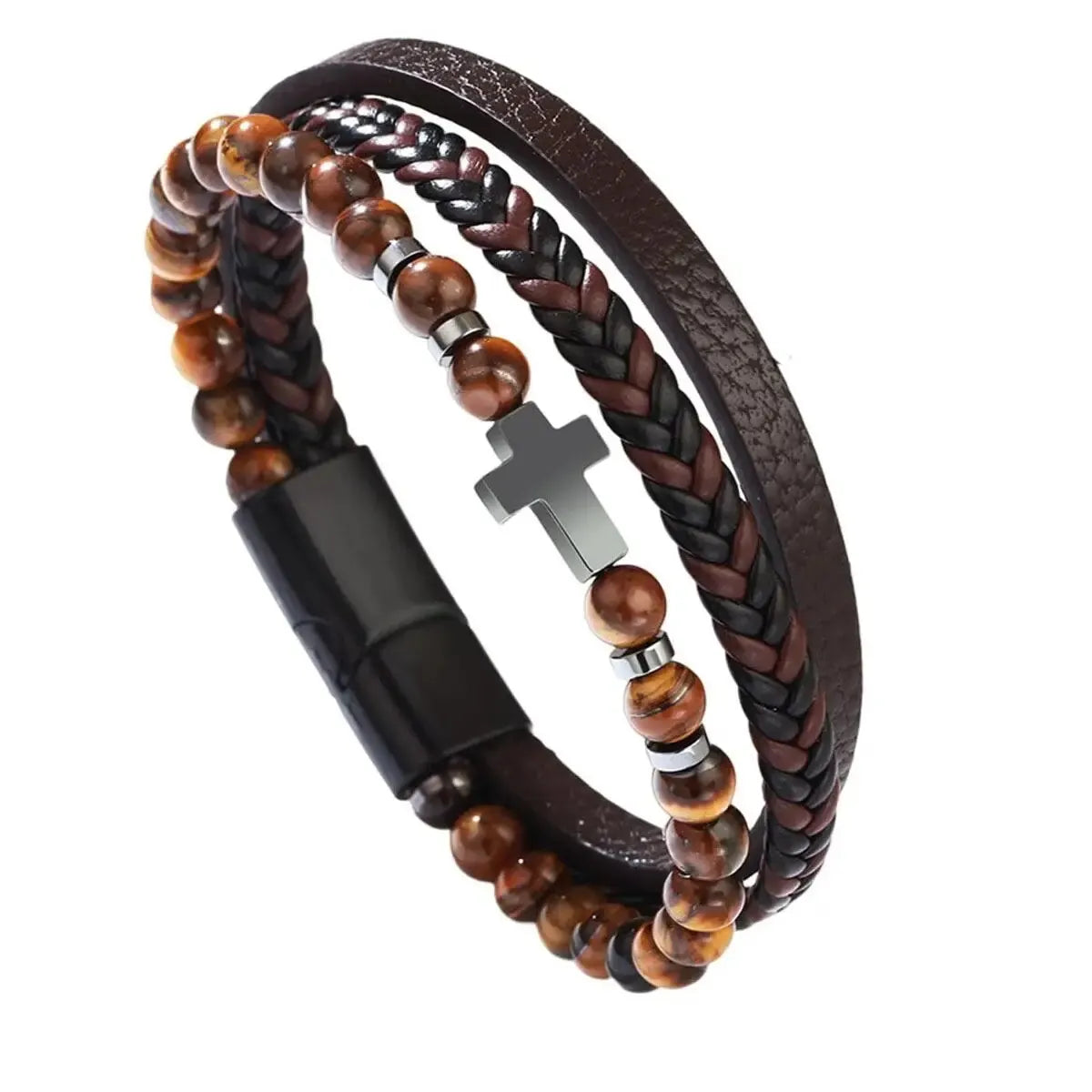 Men's Christian Cross Stone Bead Bracelet