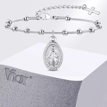 Pulsera de rosario de acero inoxidable con medalla de la Virgen María