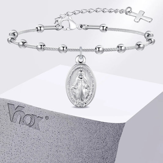 Pulseira de terço de aço inoxidável com medalha da Virgem Maria