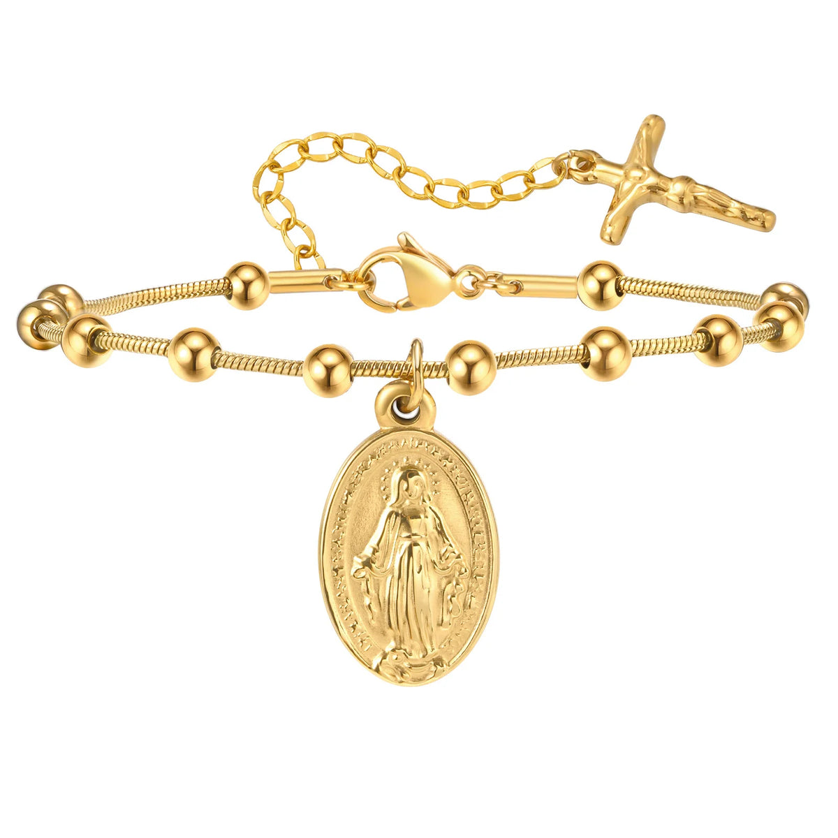 Pulsera de rosario de acero inoxidable con medalla de la Virgen María
