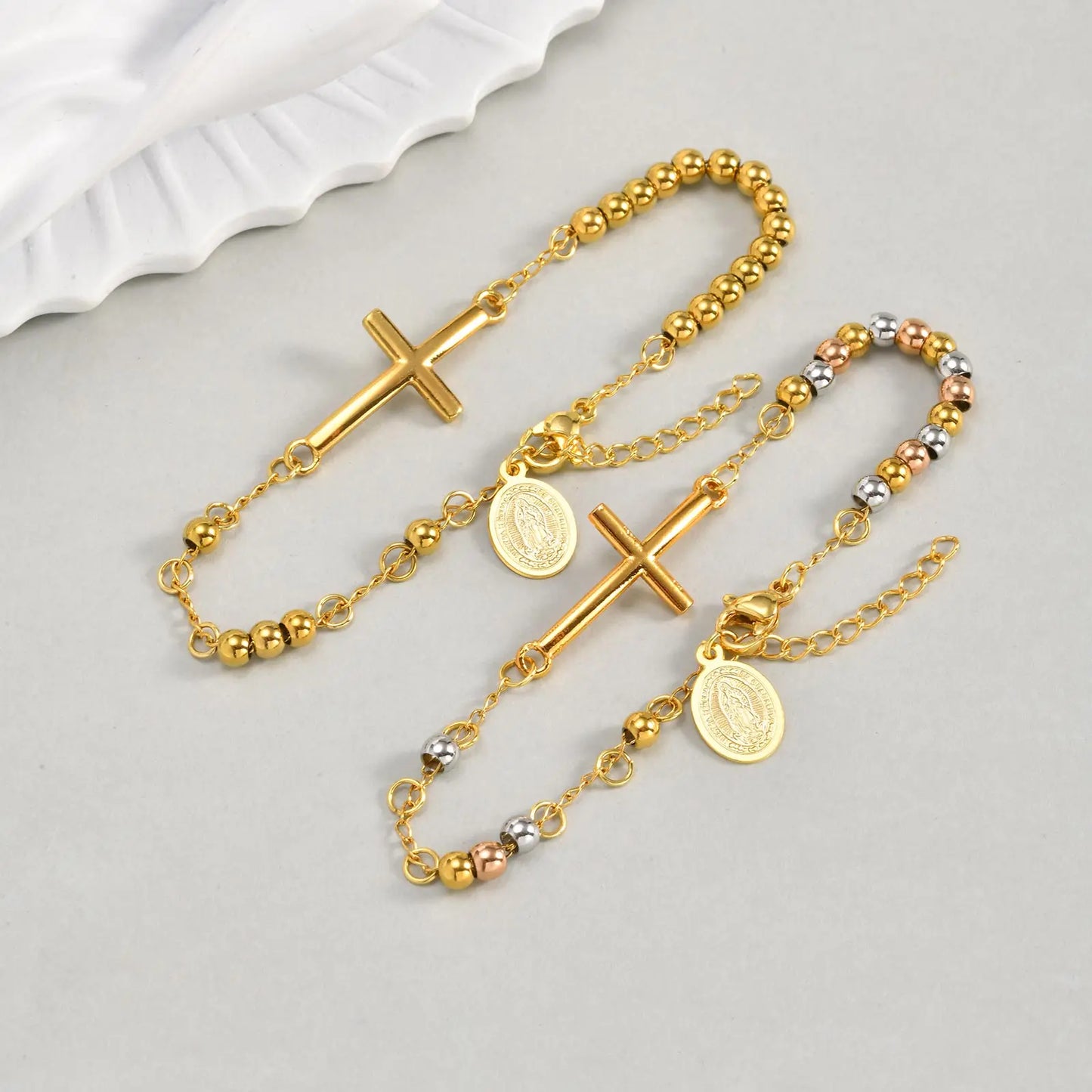 Pulseira Cruz e Medalha em Ouro