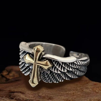 1. Retro-Kreuz-Federring mit Graffiti-Design für Herren, punkiger Gothic-Ring, verstellbarer handgefertigter Rock-Hip-Hop-Unisex-Schmuck, Geschenk für Herren