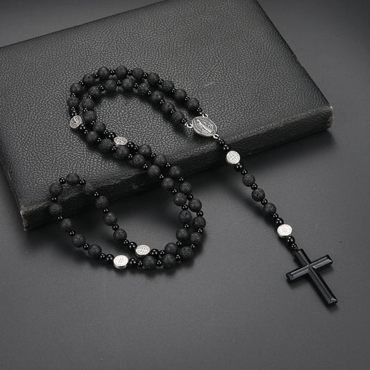 Saint Benedict Rosary Necklace – Black Stone Beads