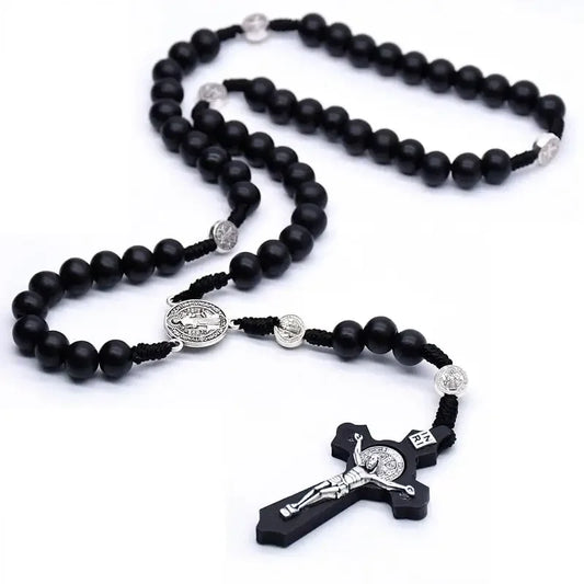 Christian Wooden Cross Car Pendant with Saint Benedict