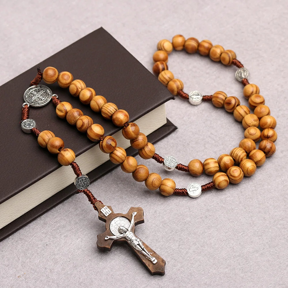 Christian Wood Bead Rosary Necklace with Virgin Mary Cross