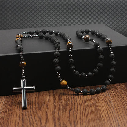 Christian Lava Stone Cross Rosary Necklace