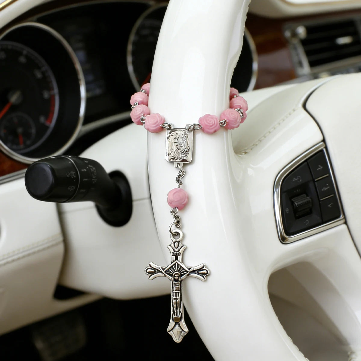 Pink Rose Cross Car Prayer Pendant