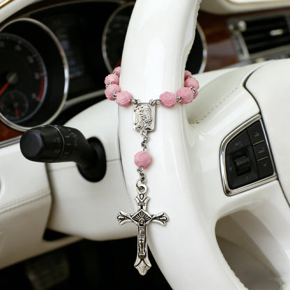 Pink Rose Cross Car Prayer Pendant