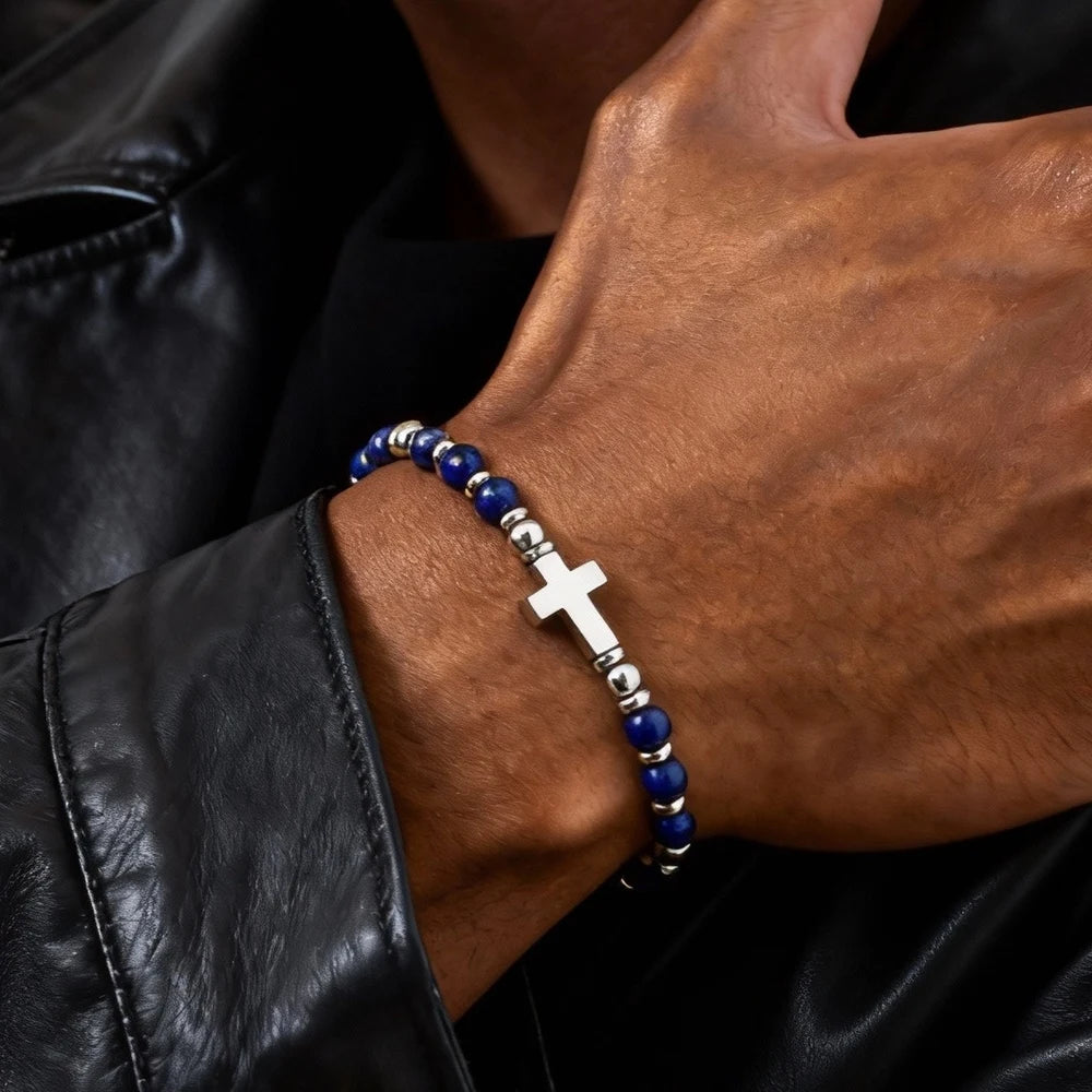 1. Trendiges Herrenarmband mit Natursteinperlen, Kette mit Boho-Kreuzanhängern, Schmuckgeschenk für Ehemann, Vater oder Sohn