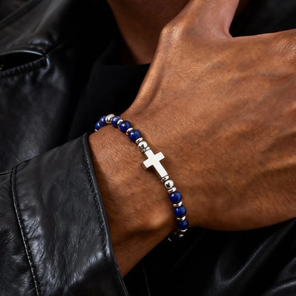 1. Trendiges Herrenarmband mit Natursteinperlen, Kette mit Boho-Kreuzanhängern, Schmuckgeschenk für Ehemann, Vater oder Sohn
