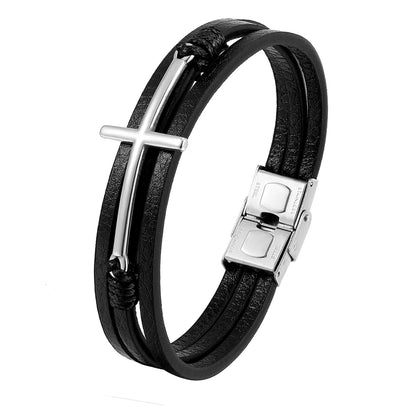 Pulseira Cruzada de Couro Multicamadas