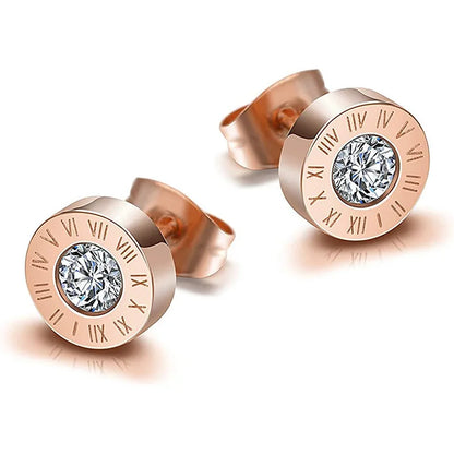1. Runde, glänzende Ohrstecker aus Edelstahl 316 mit AAA-Zirkonia, 10 mm Durchmesser, römische Ziffern, für Damen, hochwertiger Markenschmuck