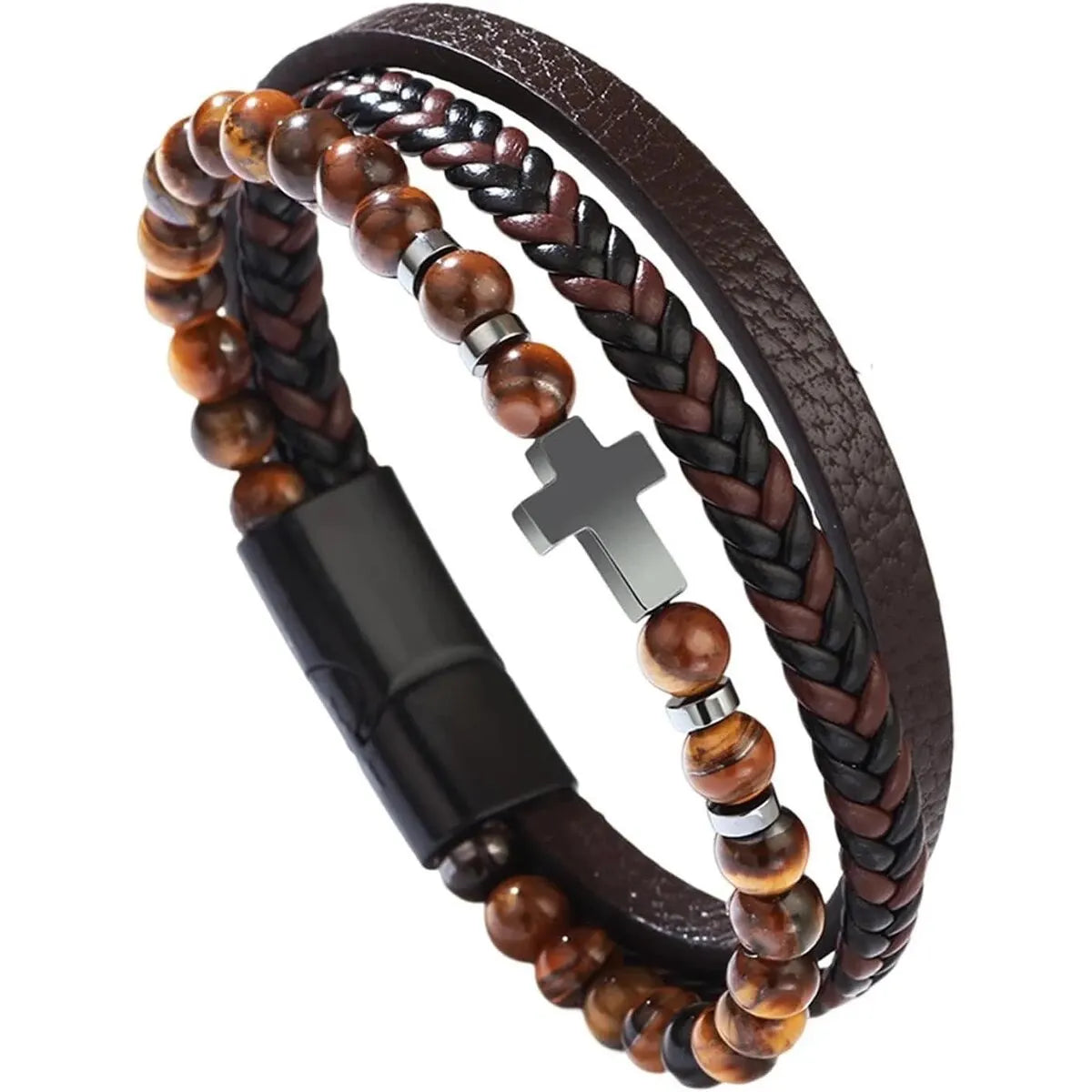Men's Christian Cross Stone Bead Bracelet
