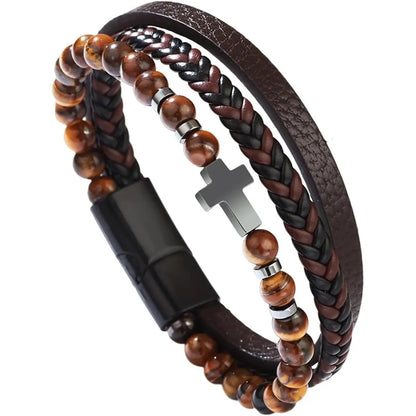 Men's Christian Cross Stone Bead Bracelet