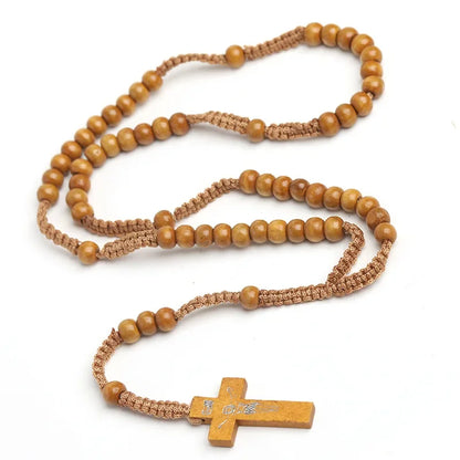 Catholic Wood Bead Cross Rosary Necklace