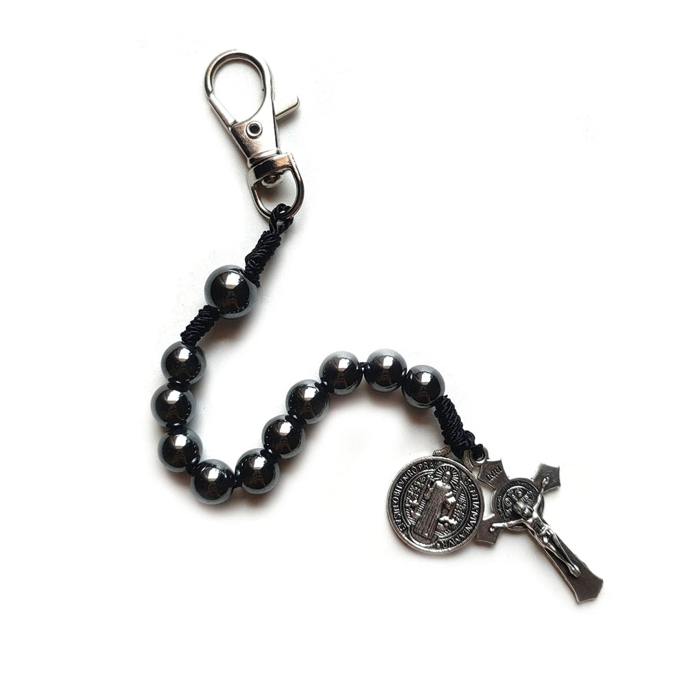 St. Benedict Hematite Crucifix Keychain
