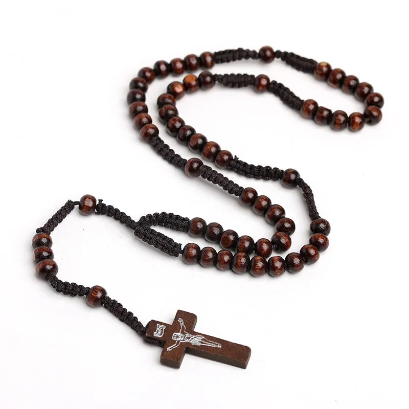 Catholic Wood Bead Cross Rosary Necklace