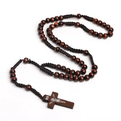 Catholic Wood Bead Cross Rosary Necklace