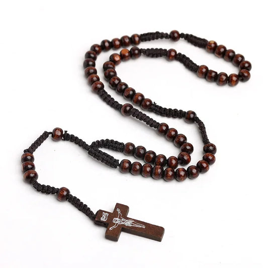 Catholic Wood Bead Cross Rosary Necklace