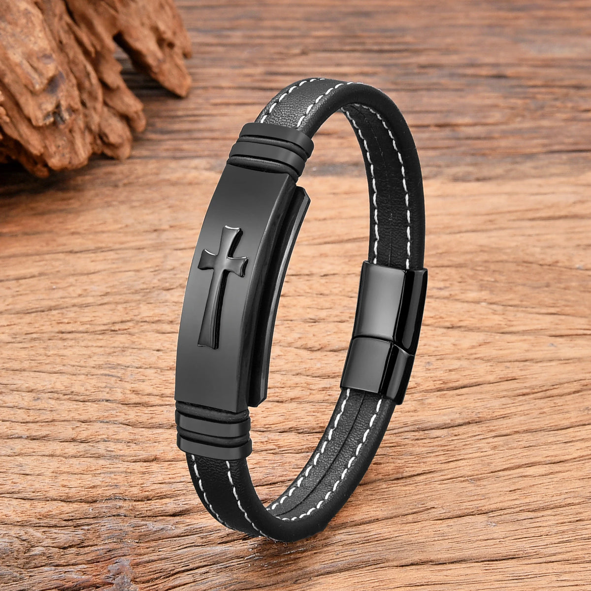 Men's Stainless Steel Cross Leather Bracelet