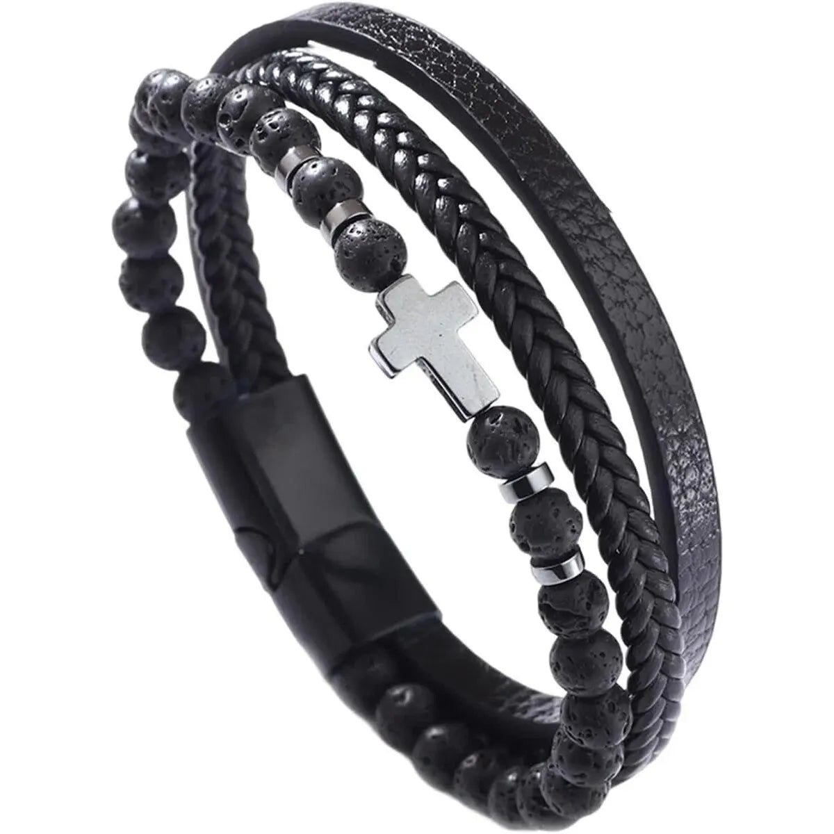Men's Christian Cross Stone Bead Bracelet