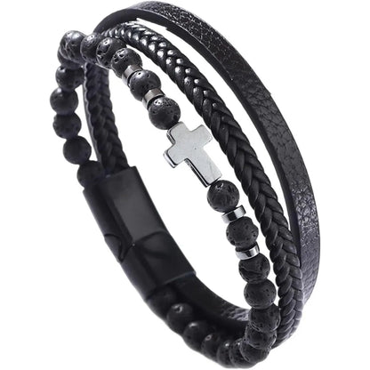 Men's Christian Cross Stone Bead Bracelet