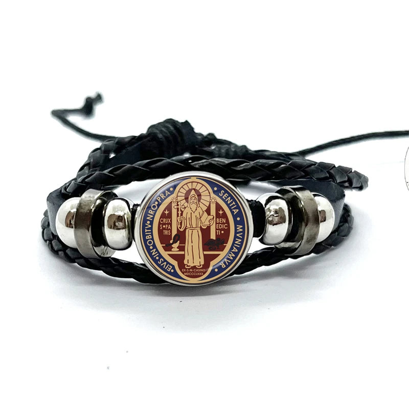 Benediktusmedaillen-Armband mit schwarzen geflochtenen Bändern