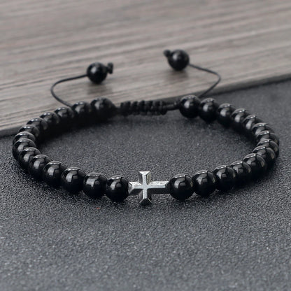 Verstellbares Perlenarmband mit Kreuz und geflochtener Kordel