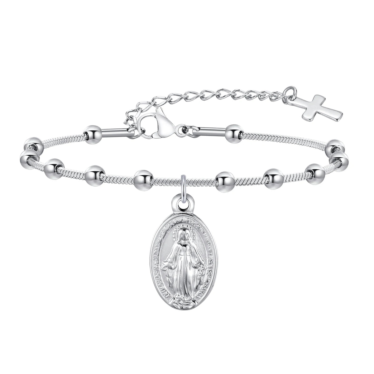 Pulsera de rosario de acero inoxidable con medalla de la Virgen María