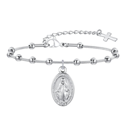 Pulsera de rosario de acero inoxidable con medalla de la Virgen María