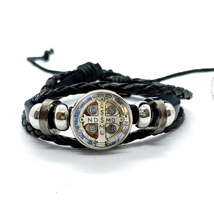 Benediktusmedaillen-Armband mit schwarzen geflochtenen Bändern