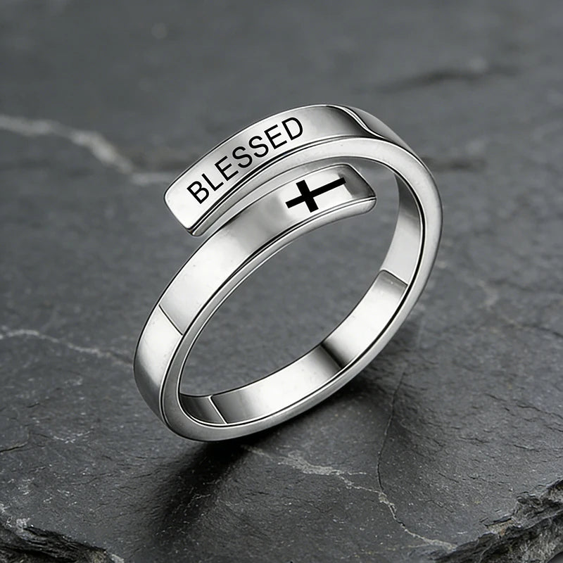 Kreuz-Wickelring – Edelstahl Glaube, Hoffnung, Liebe & Gesegnet