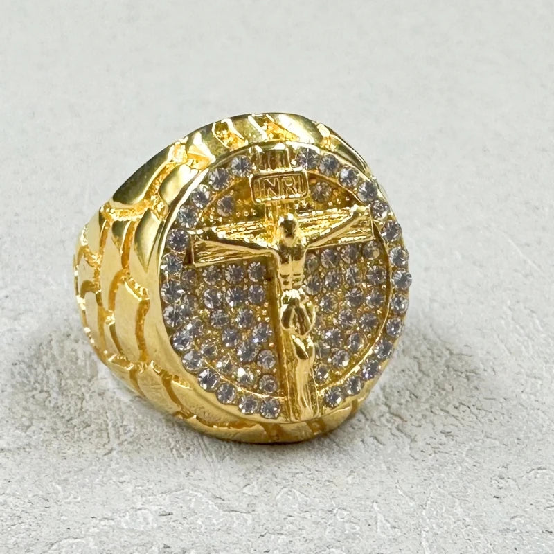 Gold-Tone Round Crucifix Signet Ring