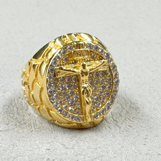 Gold-Tone Round Crucifix Signet Ring