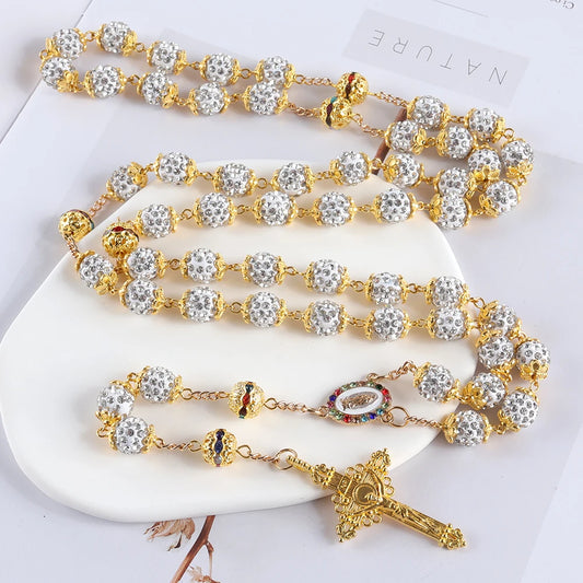 1. Collana cattolica vintage con croce e perline di cristallo con strass da 10 mm