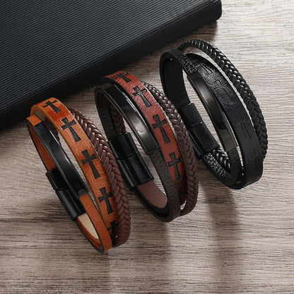 Two-Tone Layered Leather Cross Bracelet