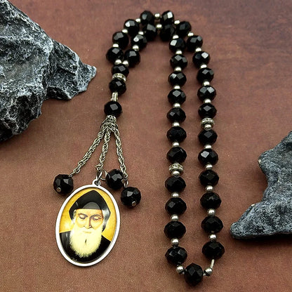 1. Ciondolo per auto con medaglia in vetro di San Charbel della Chiesa ortodossa, per donna e uomo, amuleto in acciaio inossidabile color oro, grani da preghiera, gioiello regalo